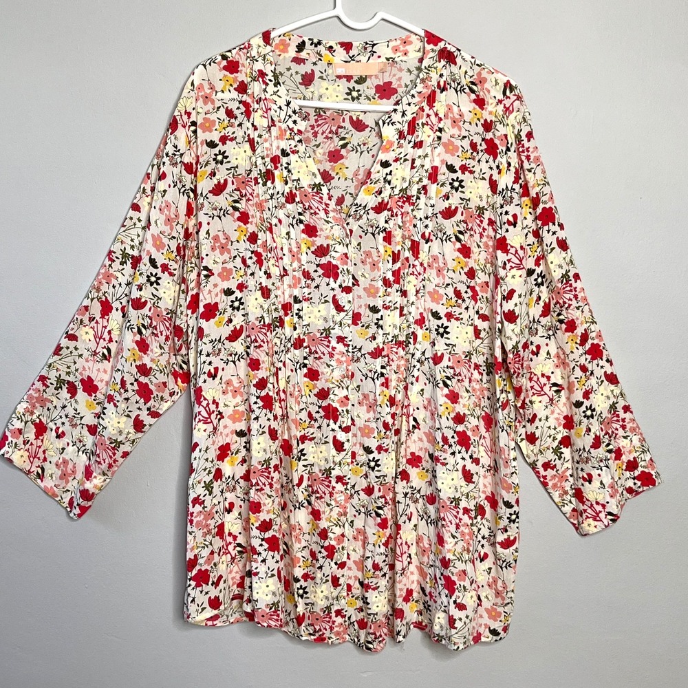 La Cera Womens Tunic Top Ivory XL Colorful Ditsy Floral Pintuck 3/4 Sleeve Boho